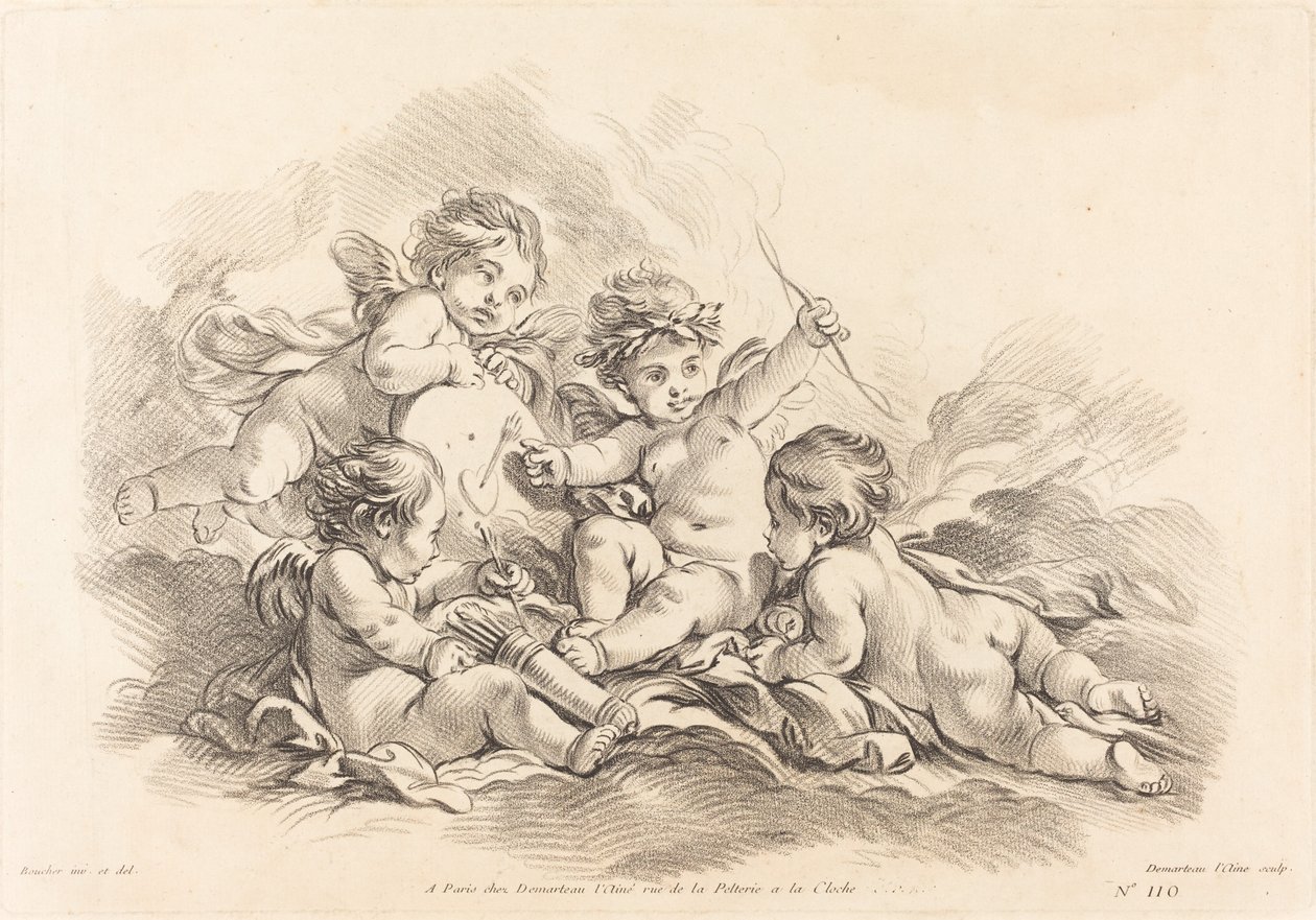 Fyra keruber på målträning av Gilles Demarteau, the Elder after François Boucher