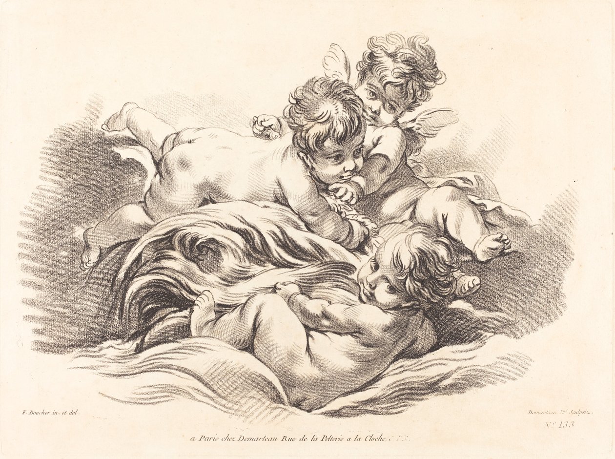 Tre keruber som spelar på delfin som våg av Gilles Demarteau, the Elder after François Boucher