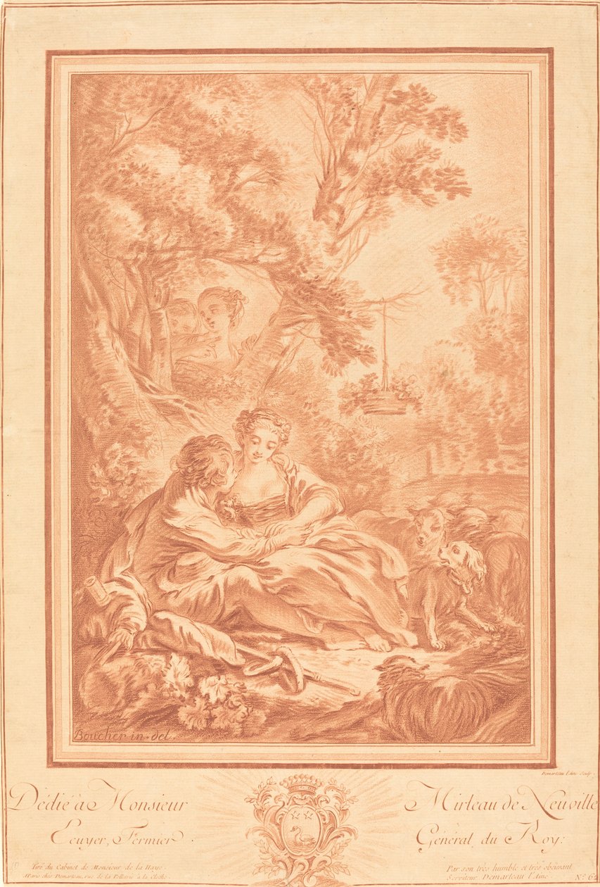 Två älskare som sitter vid foten av ett stort träd, överraskade av två flickor av Gilles Demarteau, the Elder after François Boucher