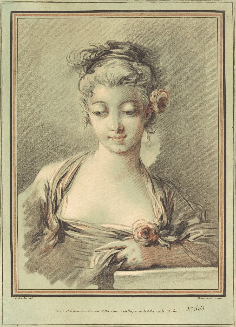 Ung kvinna med en ros av Gilles Demarteau, the Elder after François Boucher
