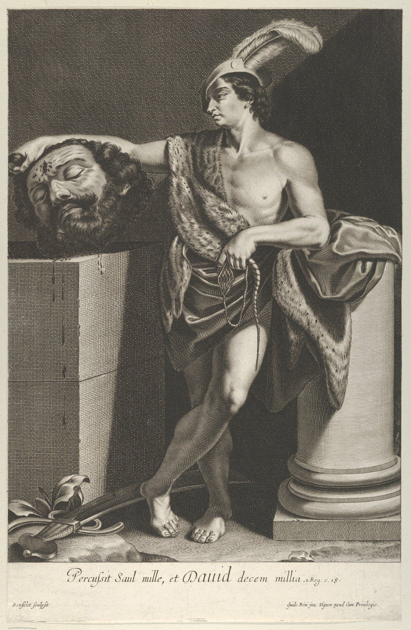 David står med korsade ben och håller Goliats huvud på en piedestal vid l..., ca. 1635-45. av Gilles Rousselet