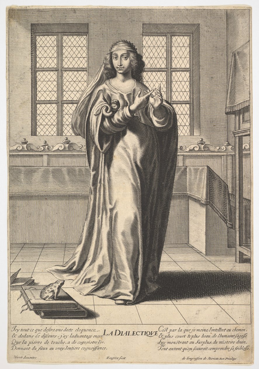 Dialektik: en ung kvinna som står i en dekorerad interiör och rör vid hennes högra index ..., 1633-35. av Gilles Rousselet