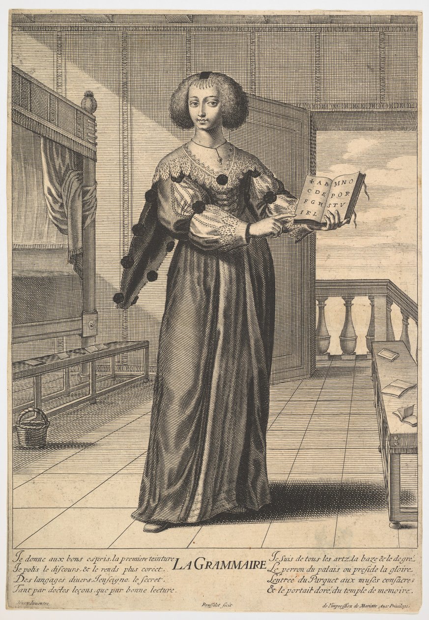 Grammatik: en ung kvinna som står i en dekorerad interiör med en öppen bok på vänster sida..., 1633-35. av Gilles Rousselet