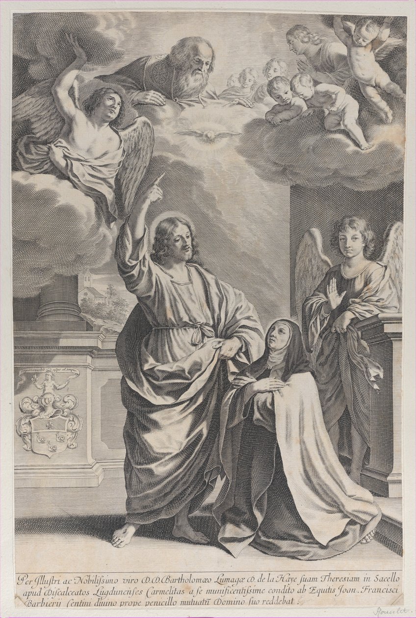 Den heliga Theresa ber tillsammans med Kristus, som pekar uppåt på Gud Fadern och ..., 1635-1700. av Gilles Rousselet
