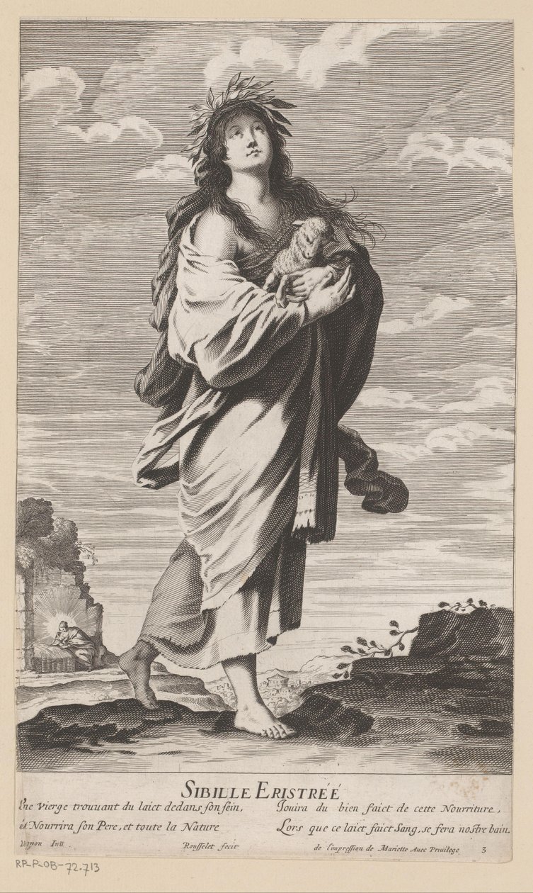 Sibylla av Erythrae, med Maria och barnet i bakgrunden Sibille Eritrée (titel på objekt) Sibyls (serietitel) Les Sibylles (serietitel) av Gilles Rousselet