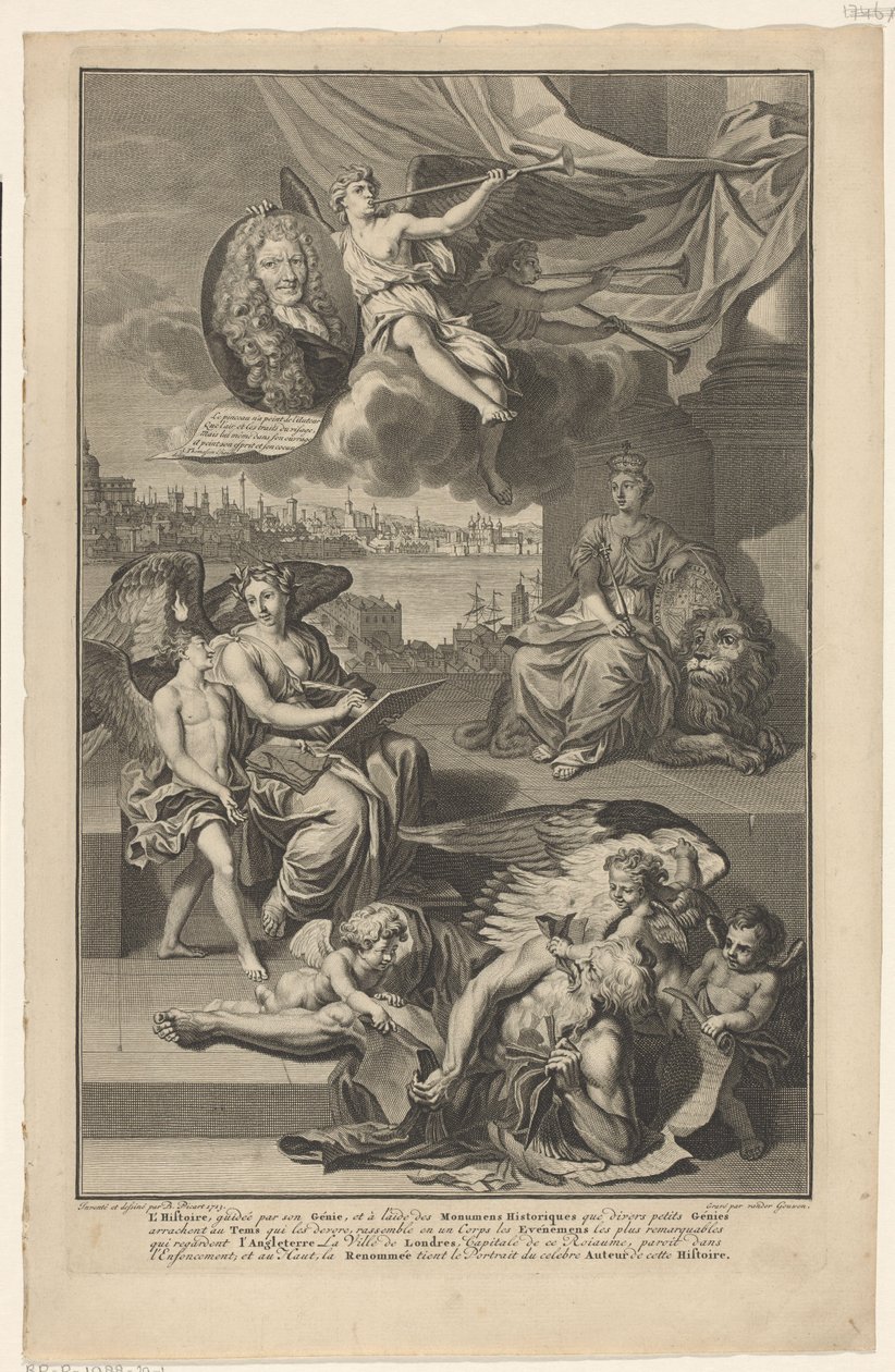 Allegori över Storbritanniens historia med porträttet av Isaac de Larrey Titelsida för: Isaac de Larrey, Histoire d