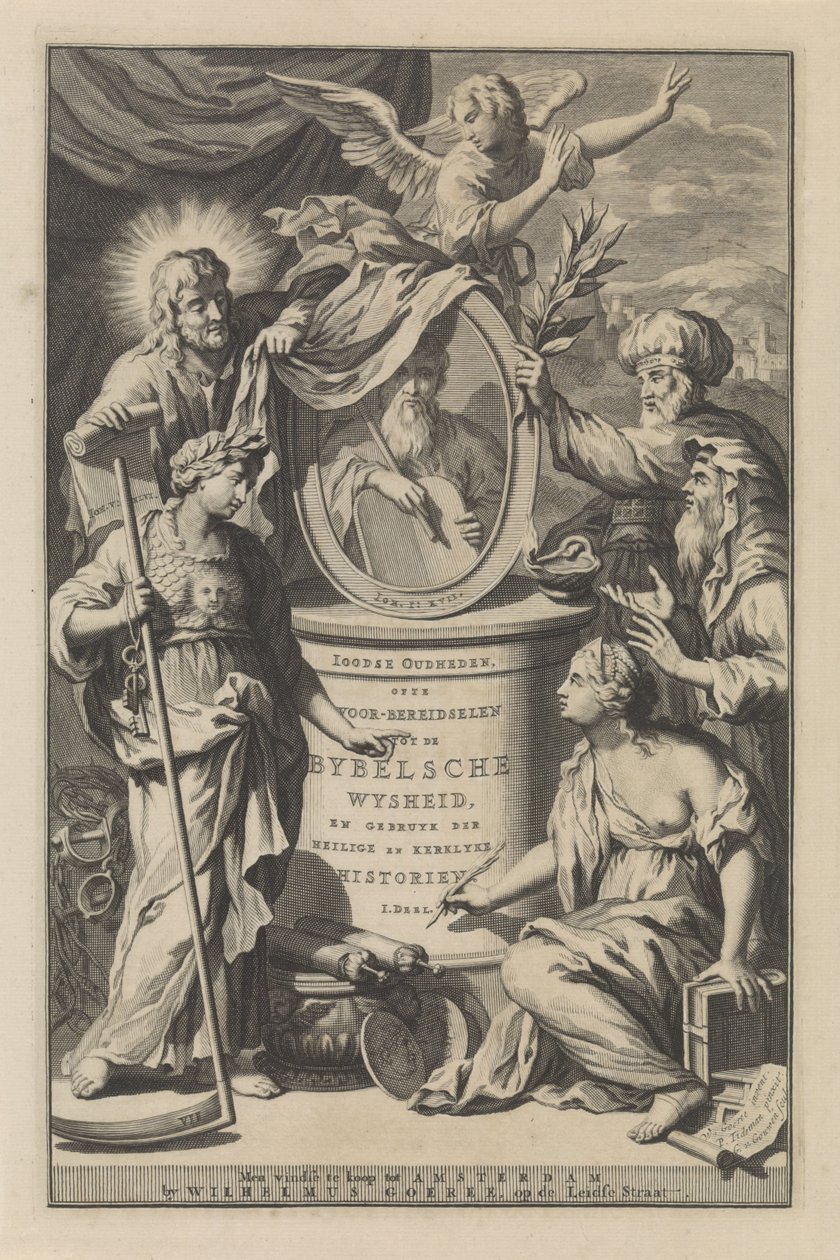 Bibliska figurer avslöjar porträttet av Moses Titelsida för Wilhelmus Goeree, Preparations for Biblical Wisdom, and the Use of Sacred and Ecclesiastical Histories, 1690 av Gilliam van der Gouwen