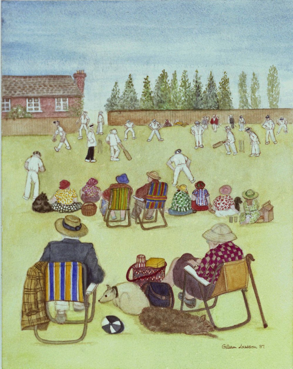 Cricket on the Green, 1987 (akvarell på papper) av Gillian Lawson
