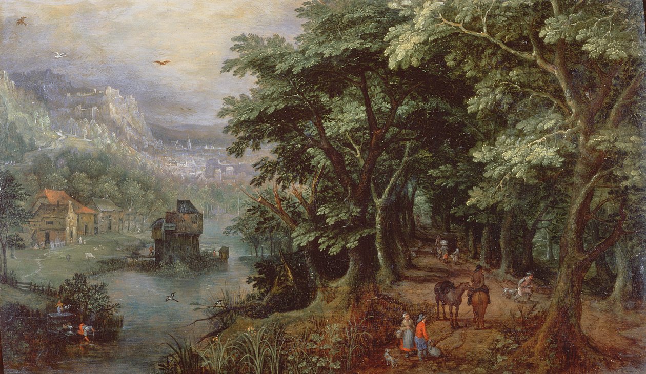 Landskap med figurer i en allé, ca 1595 (panel) av Gillis van III Coninxloo