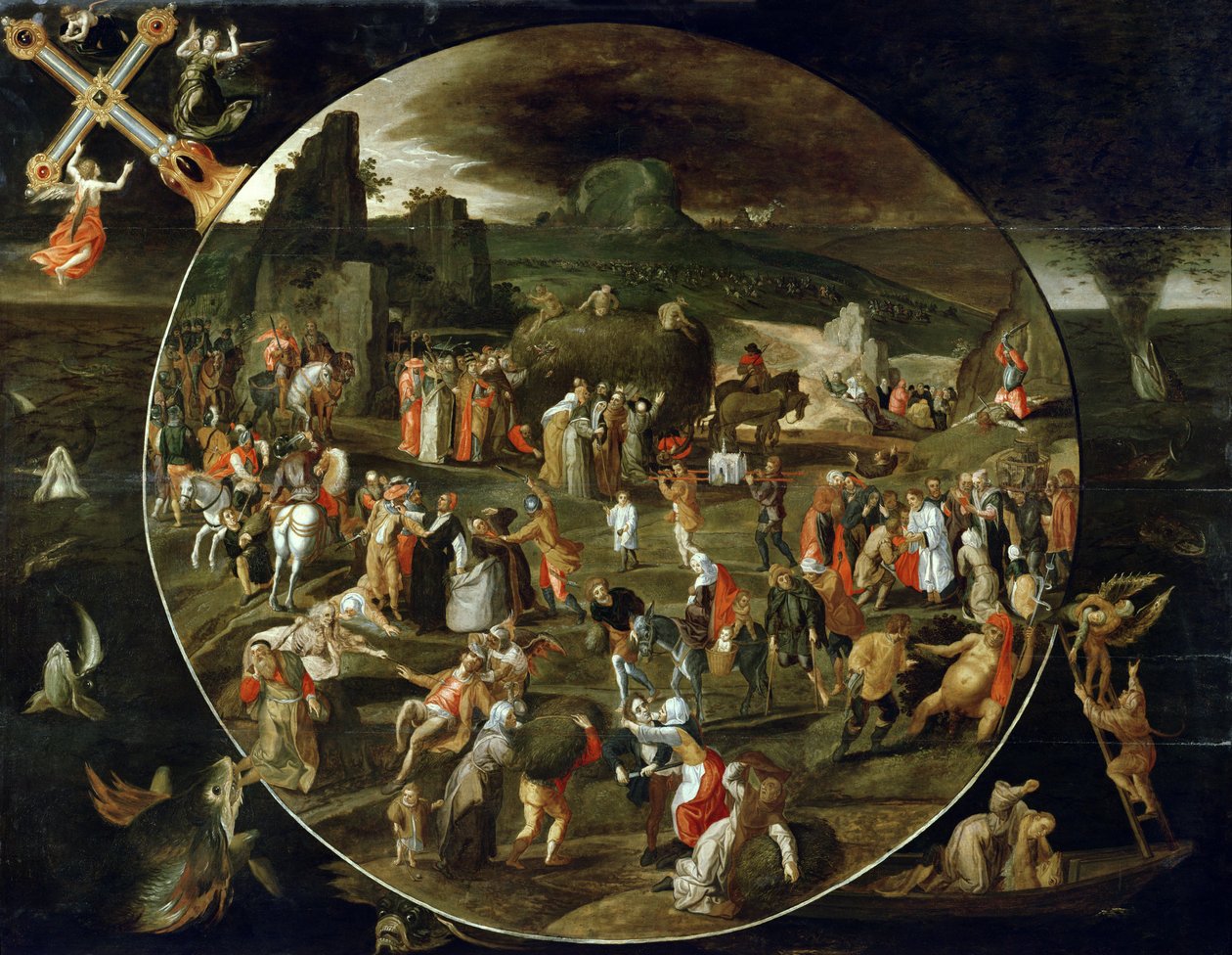 The Haywain, Allegory of the Vanity of the World (olja på panel) av Gillis (workshop of) Mostaert