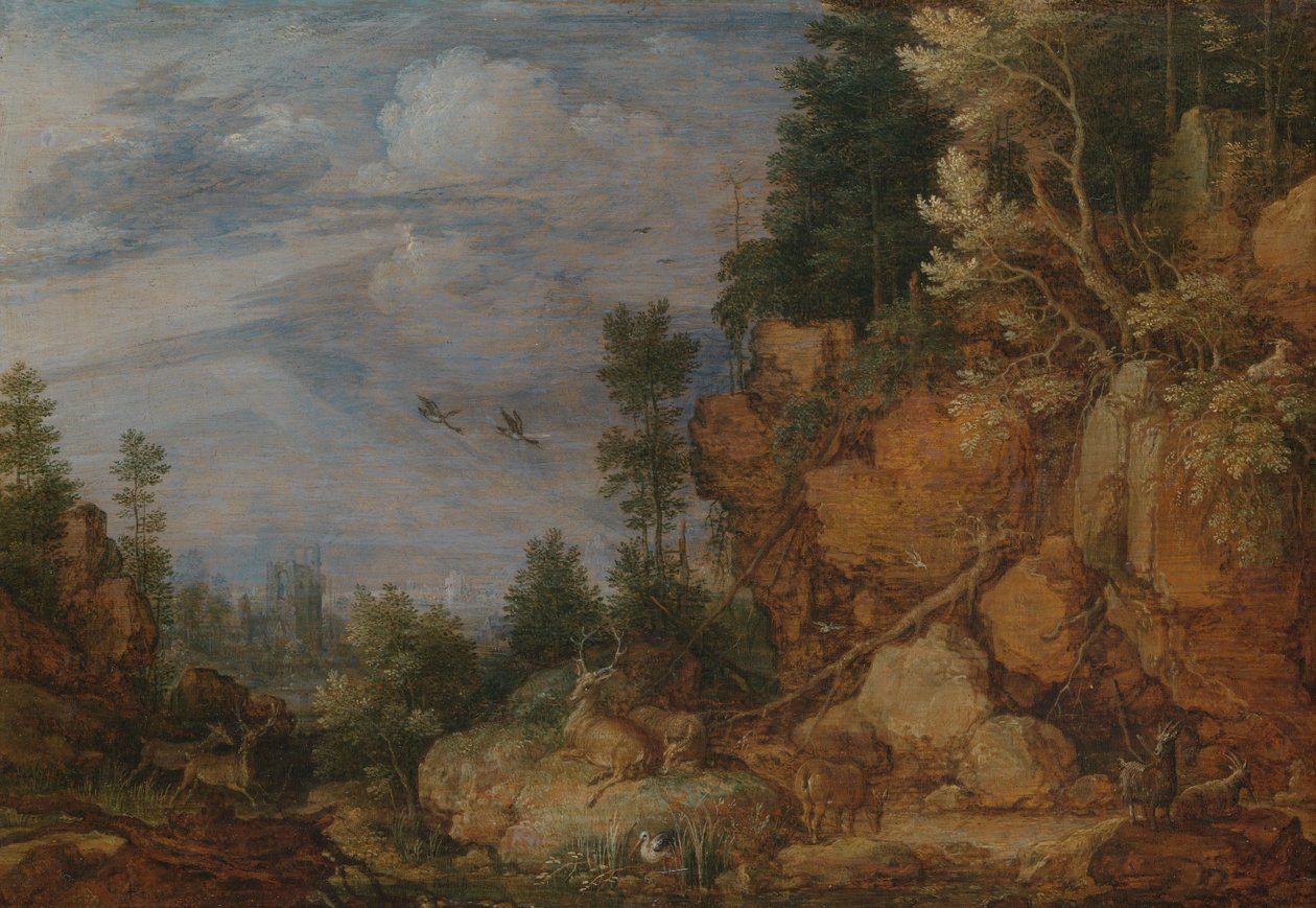 Stenigt landskap med rådjur och getter av Gillis Claesz de Hondecoeter