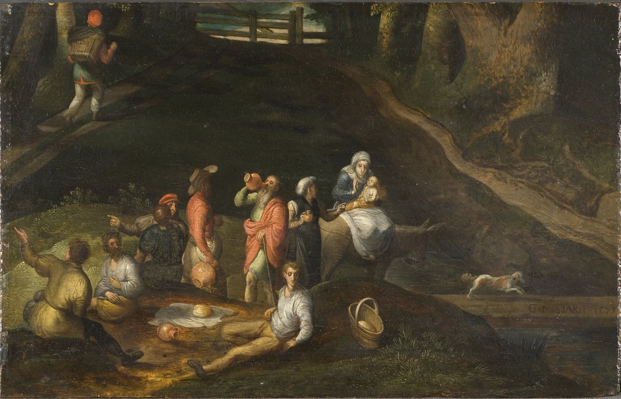 Paysage avec la Sainte Famille - Landskap med den heliga familjen, av Mostaert, Gillis (1534-1598). Olja på trä av Gillis Mostaert