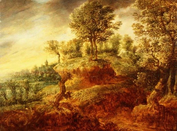 Ett skogslandskap med en vagn på en stig och en kyrka bortom av Gillis Neyts