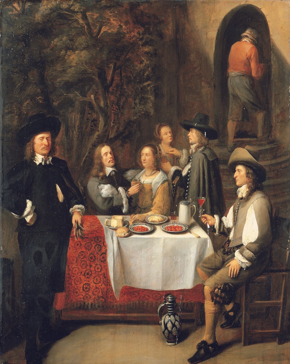 Elegant sällskap vid ett bord på en terrass av Gillis Van Tilborch