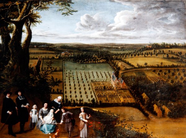Porträtt av en patricierfamilj med utsikt över deras herrgård (olja på duk) av Gillis van and Hondt Lambert de Tilborgh
