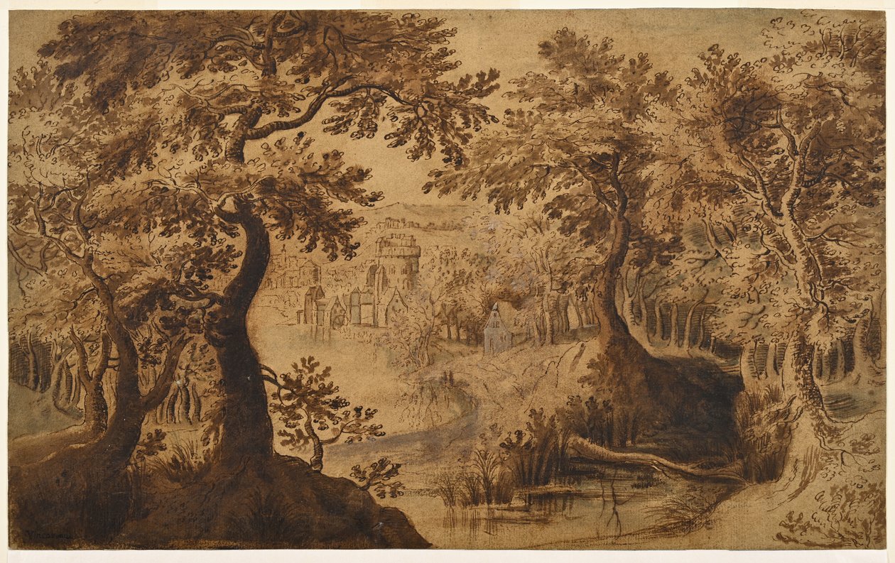 Trälandskap med utsikt av Gillis van III (circle of) Coninxloo