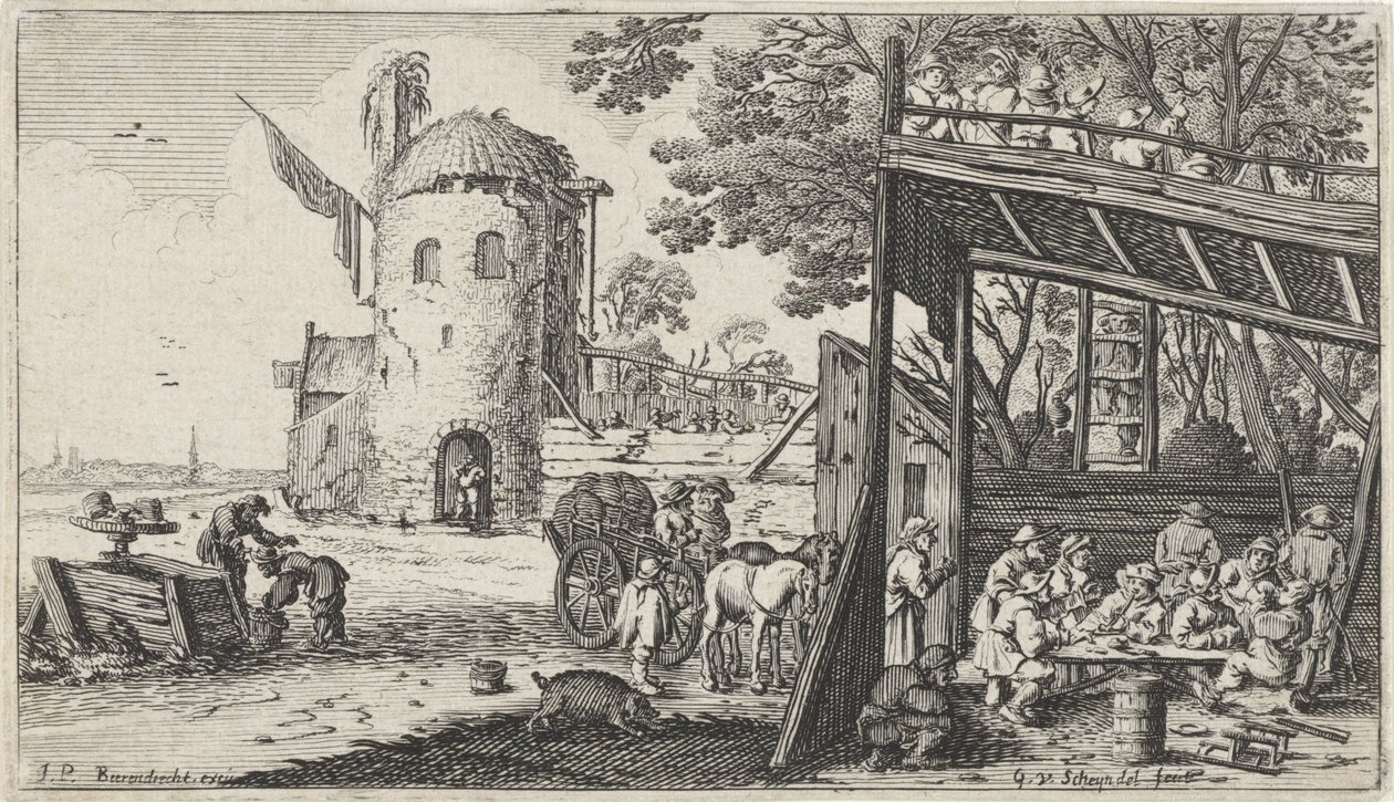 Bönder runt ett bord i en lada (de Smaak) Landskap med de fem sinnena (serietitel) av Gillis van Scheyndel (I)