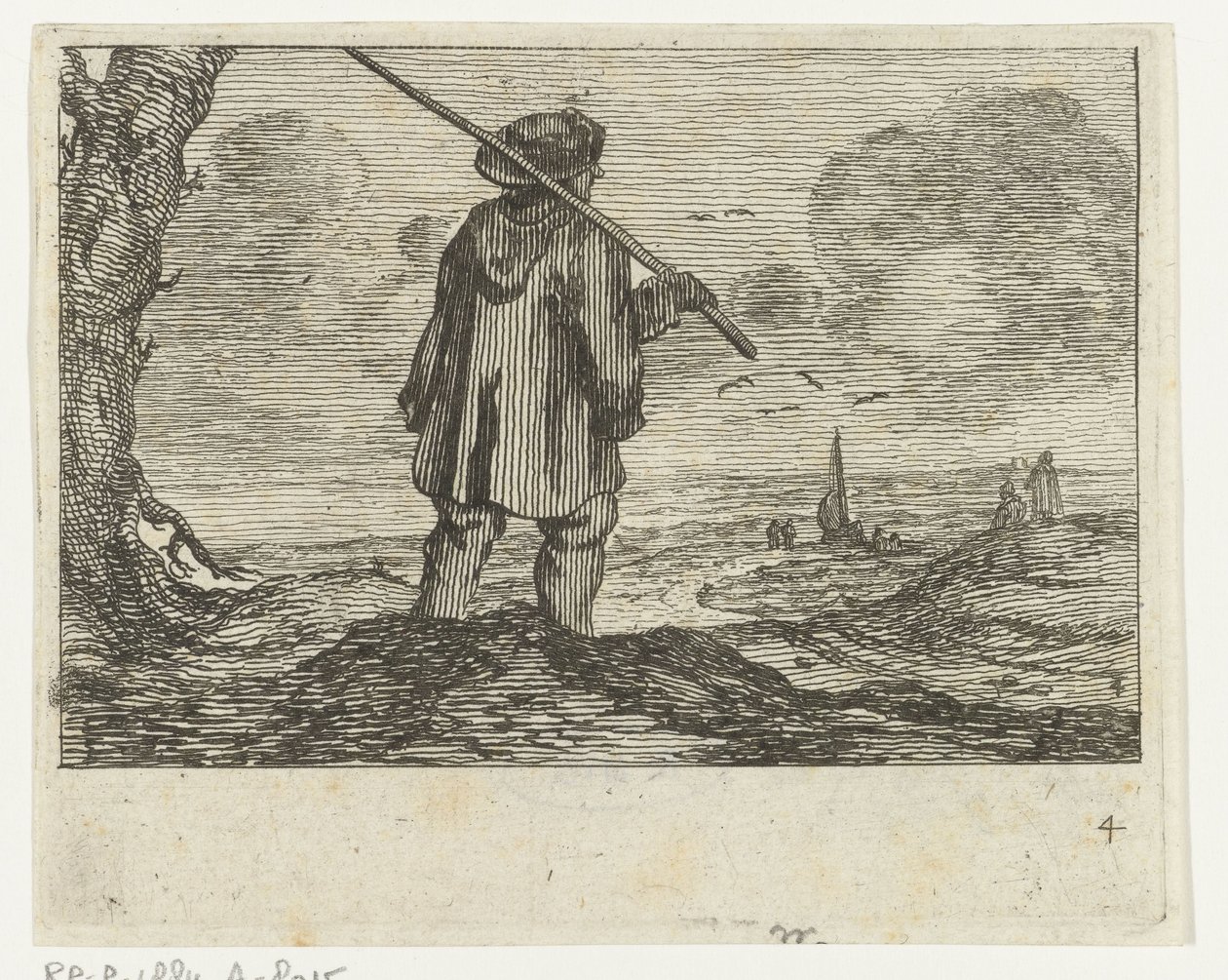 Dynlandskap med en man, med en stav på axeln Verscheyden Stränder och vattenlandskap gjorda av Jan Percelles (serietitel) av Gillis van Scheyndel (I)