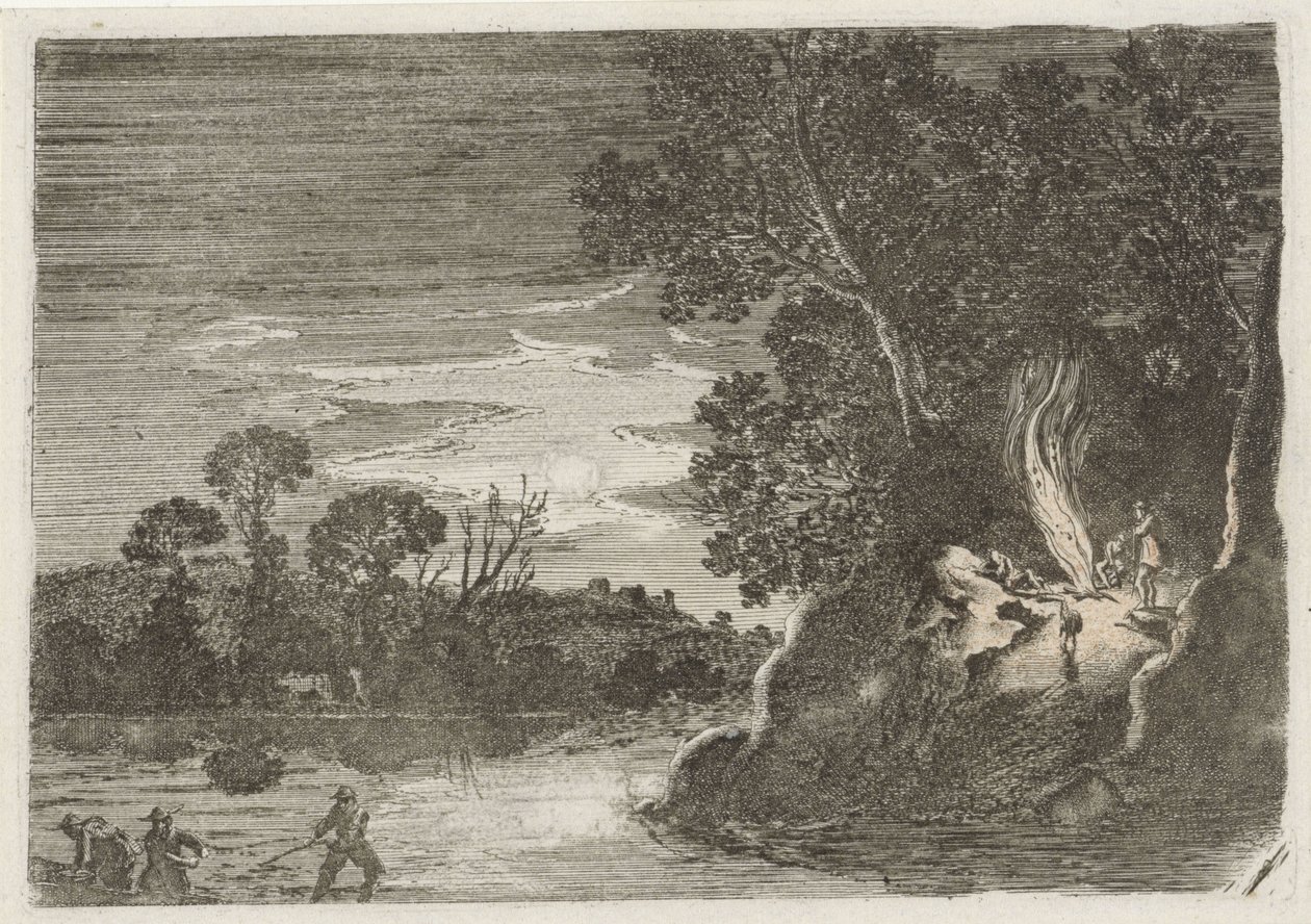 Figurer runt en lägereld Sju landskap (serietitel) av Gillis van Scheyndel (I)