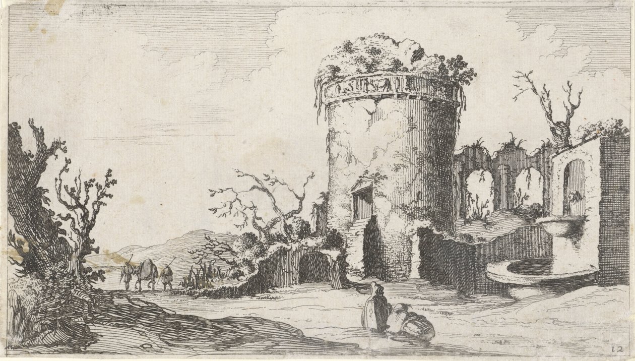 Fontän vid ruin med ett runt torn Tolv landskap (serietitel) av Gillis van Scheyndel (I)