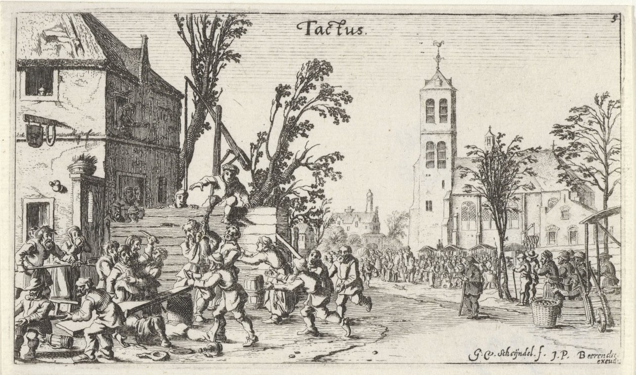 Battle at an Inn (Tastzin) Landskap med de fem sinnena (serietitel) av Gillis van Scheyndel (I)
