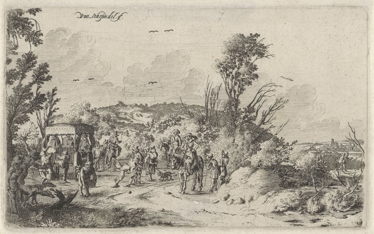 Vagn och ryttare på en landsväg Lukt Landskap med de fem sinnena (serietitel) av Gillis van Scheyndel (I)