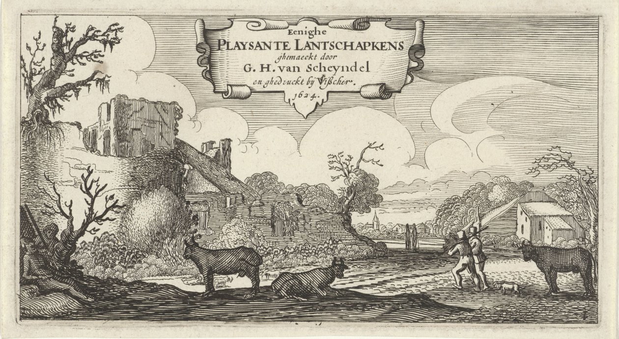Titeltryck av tolv landskap med figurer Eenighe Playsante Lantschapkens (titel på objekt) Tolv landskap med figurer (serietitel) av Gillis van Scheyndel (I)