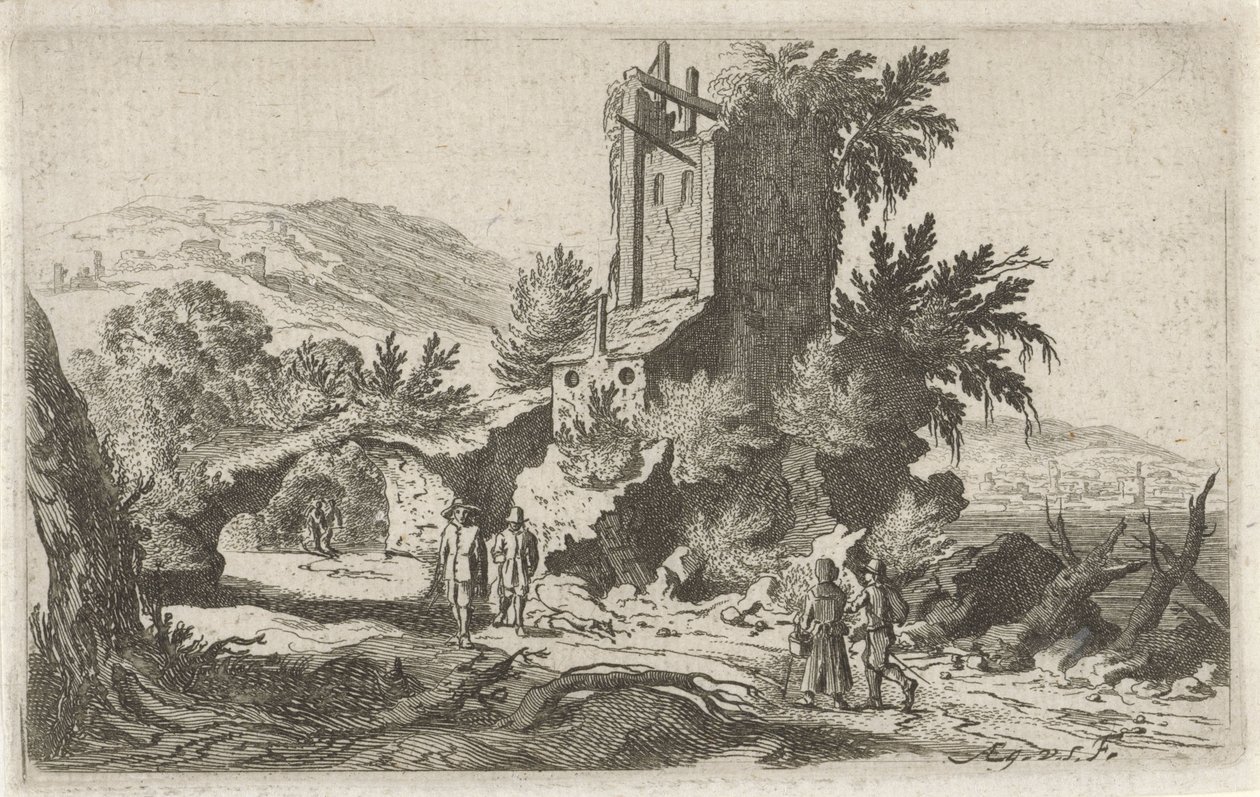 Vandrare vid en ruin Sex landskap (serietitel) av Gillis van Scheyndel (I)