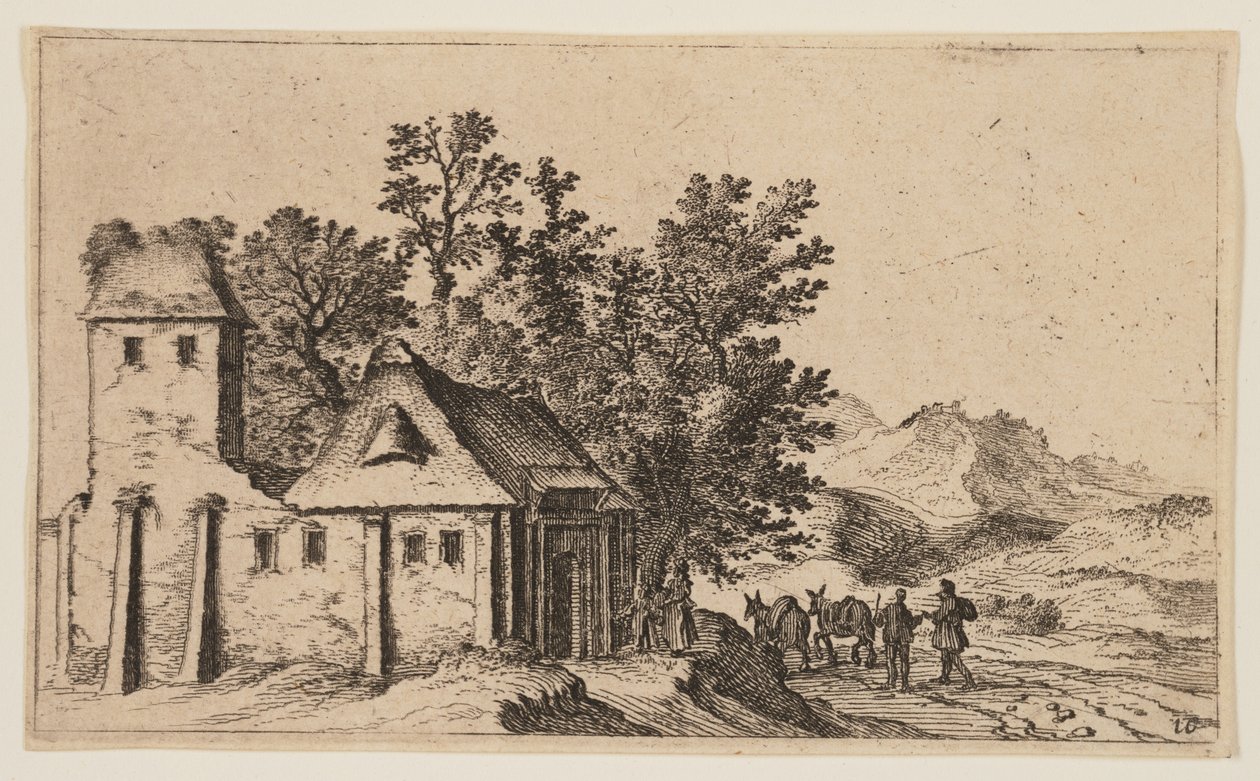 Gård före träd i kulligt landskap, från Twelve Landscapes av Gillis van Scheyndel