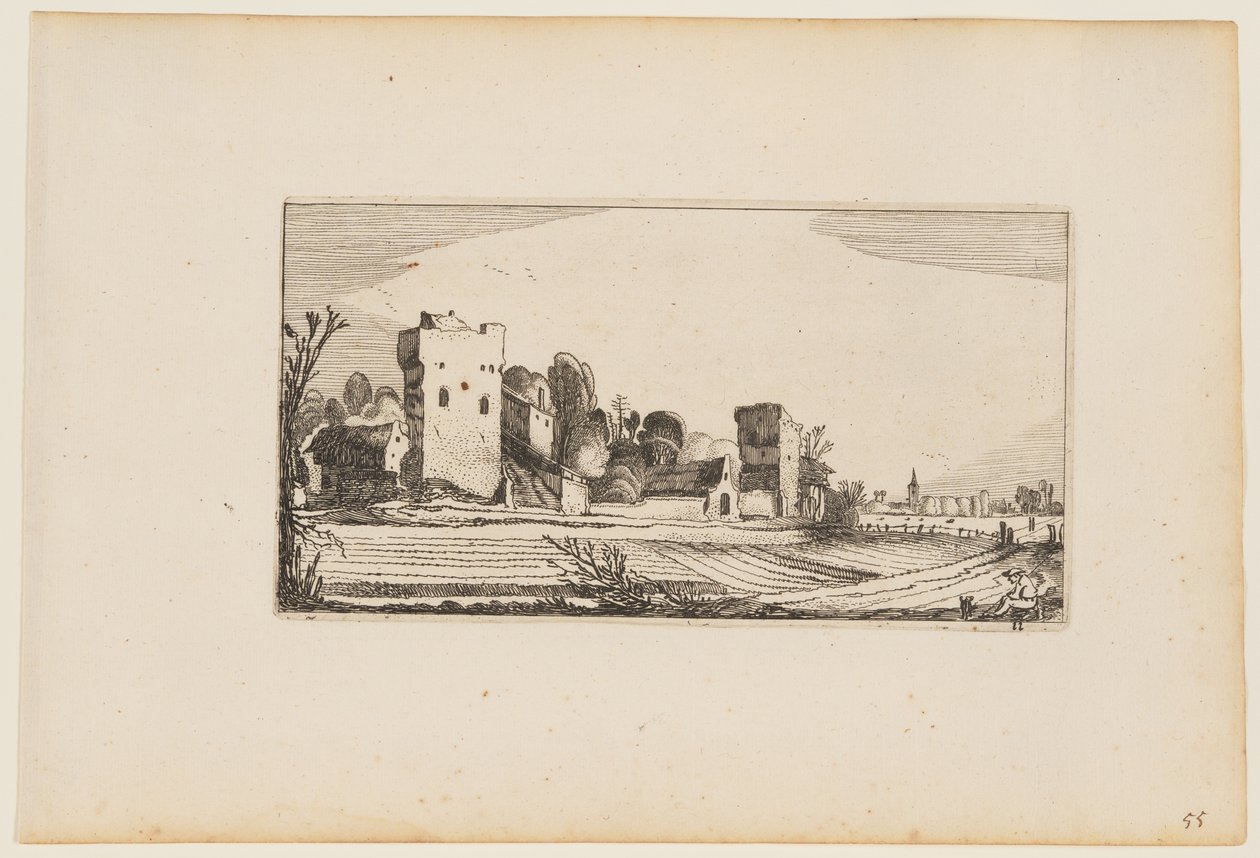 Fält före ruiner förvandlade till gårdar, från Tolv landskap med figurer av Gillis van Scheyndel