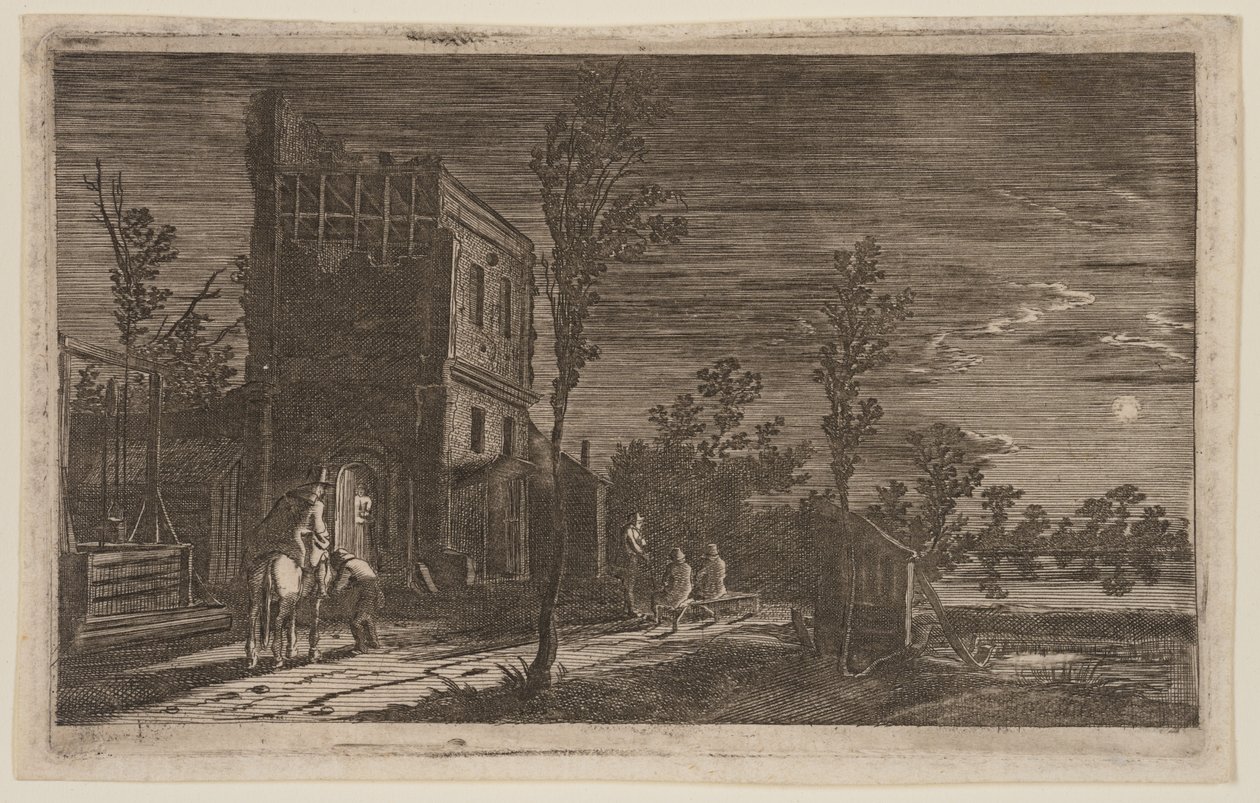 Figurer vid ett förfallet torn: Moonlit Nocturne, från Six Landscapes av Gillis van Scheyndel