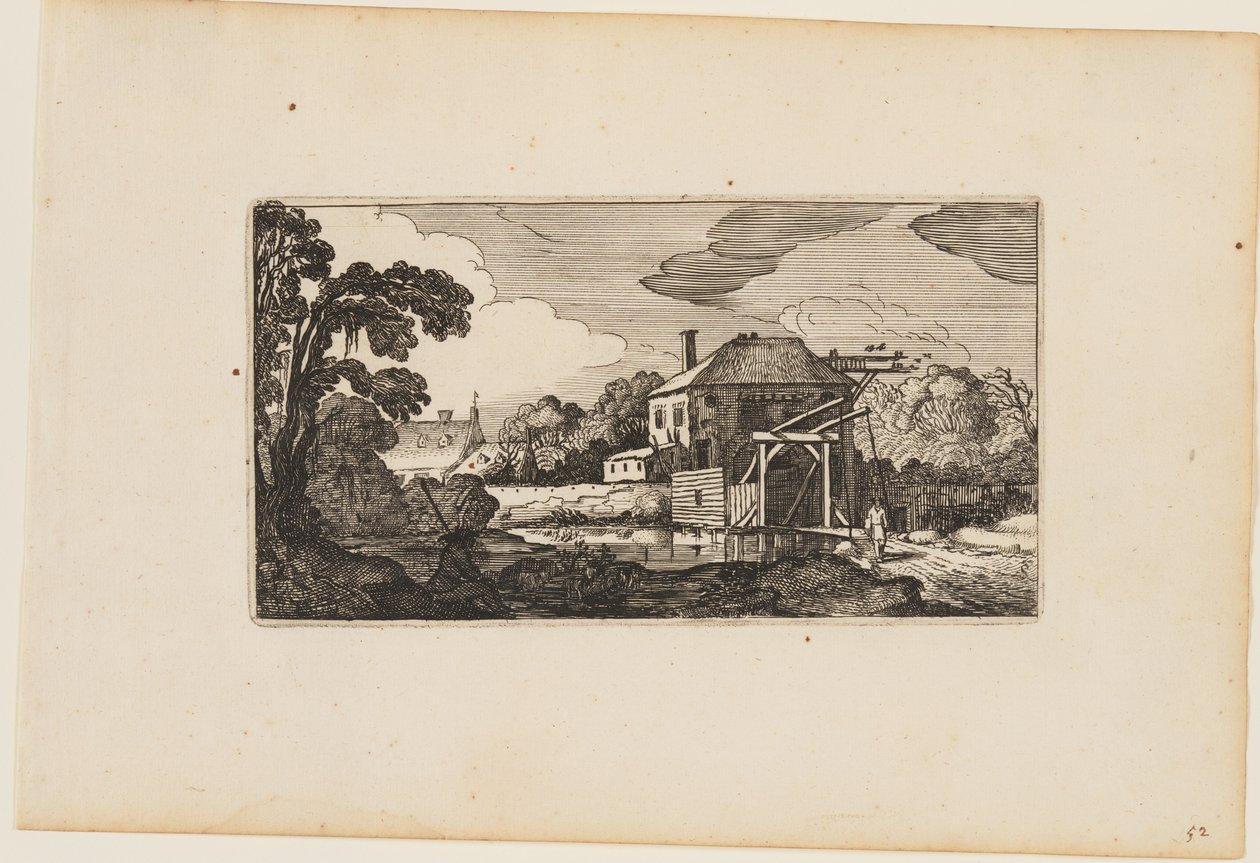 Damm framför träbro och ett hus, ur Tolv landskap med figurer av Gillis van Scheyndel