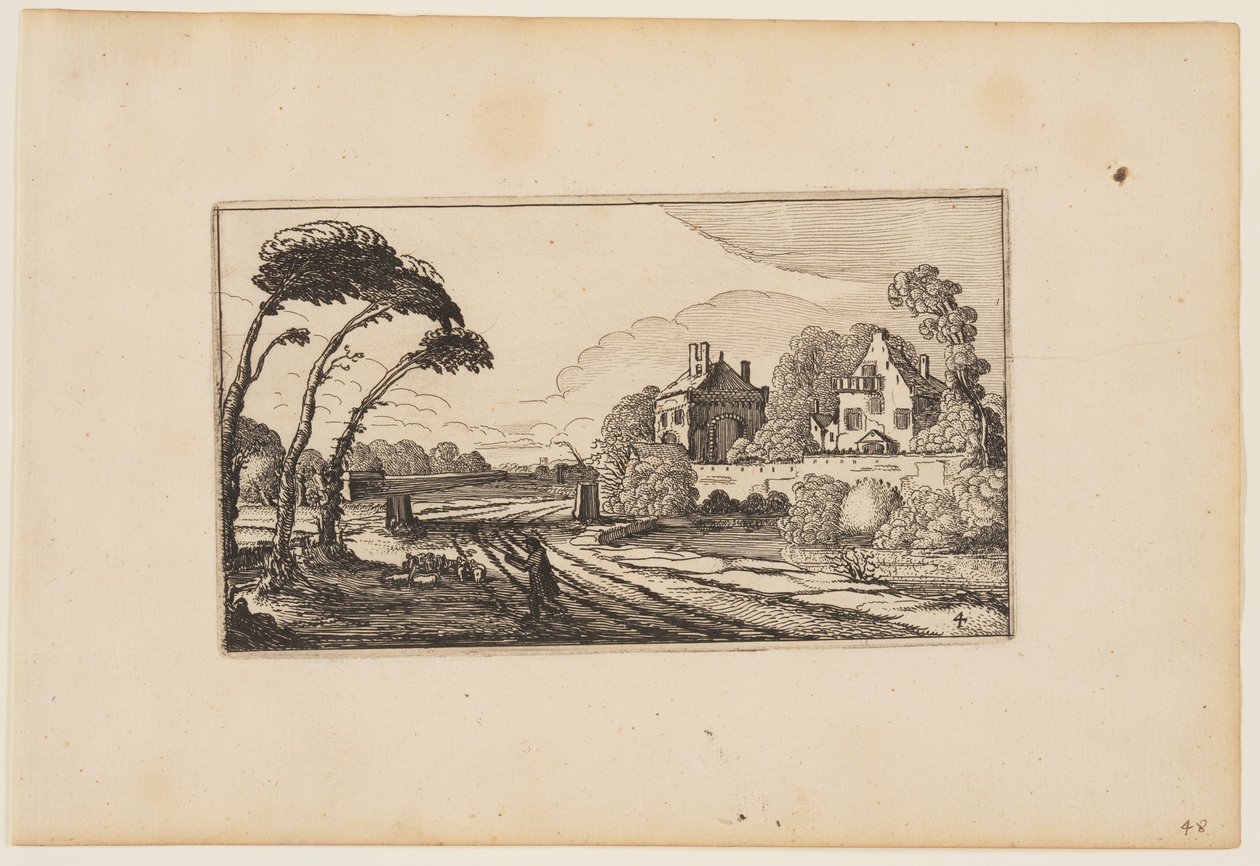 Vägen till vänster om ett hus med vallgrav och murar, från Tolv landskap med figurer av Gillis van Scheyndel