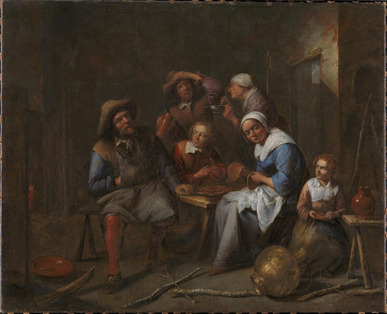 En interiör med hantverkare och bönder som äter och dricker av Gillis van Tilborgh