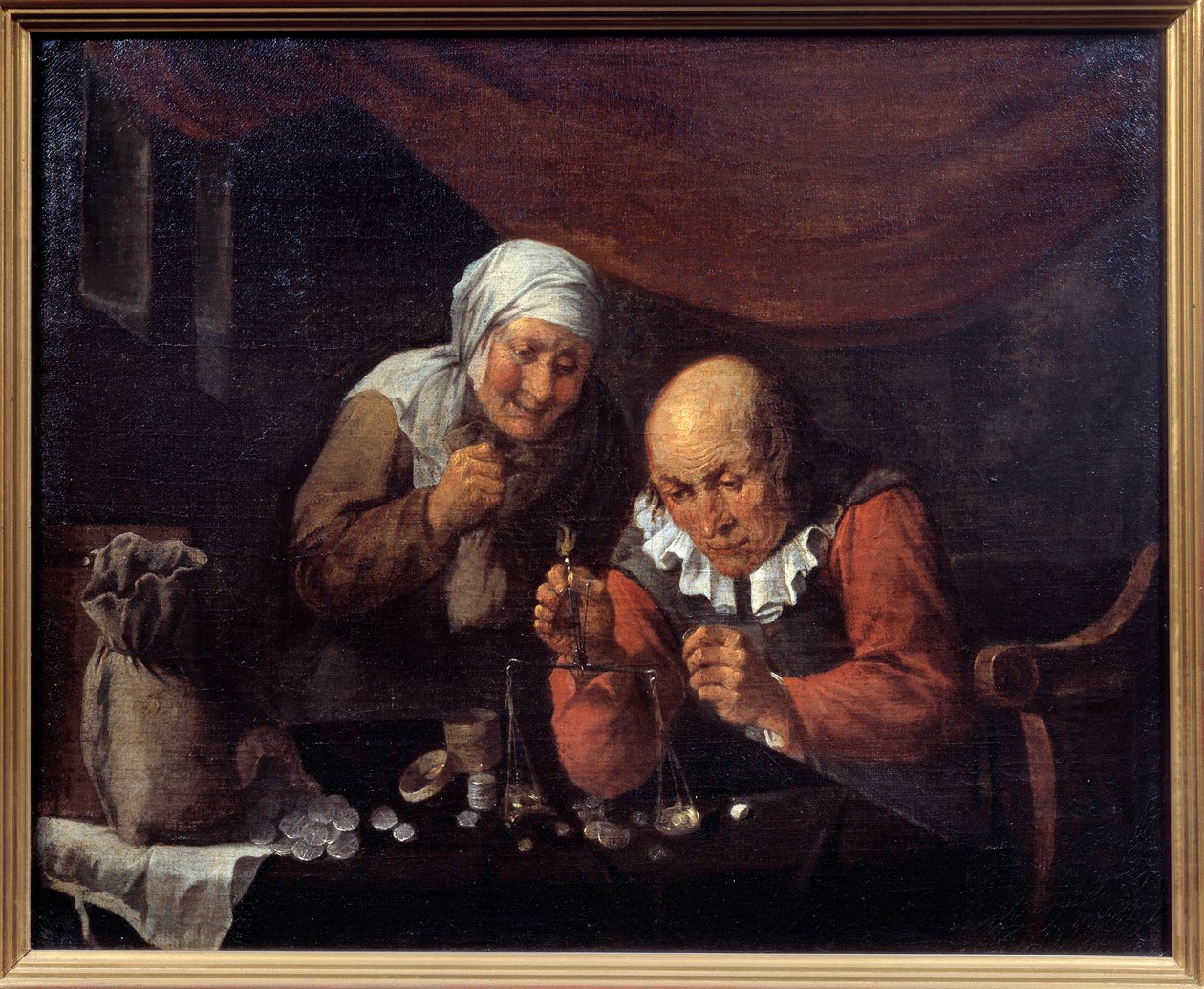 Det giriga gubbparet som väger sina ägodelar. Målning av Gillis Van Tilborgh (eller Tilborch av Gillis van Tilborgh
