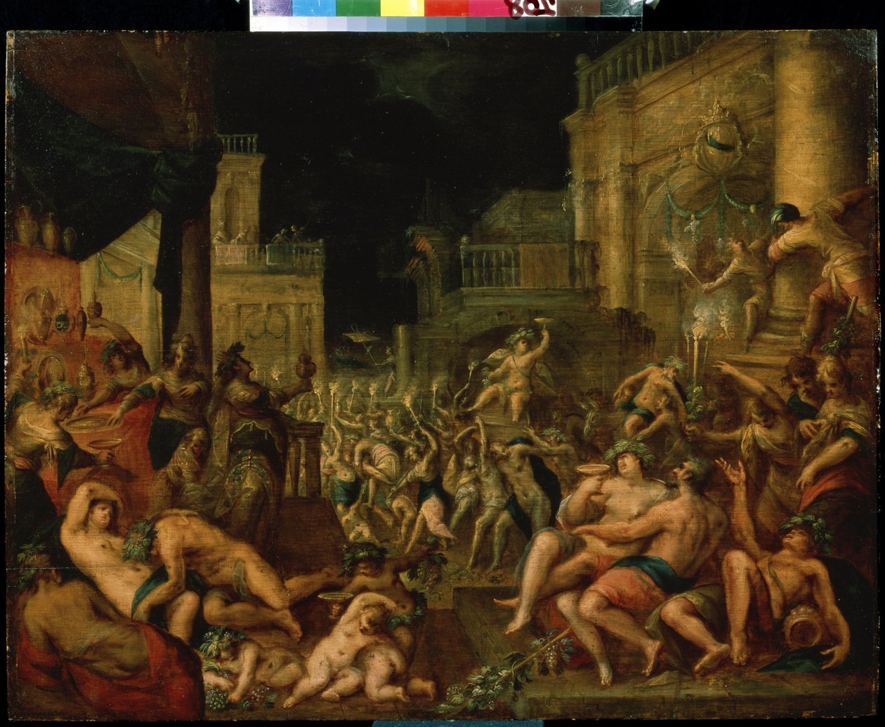Midas festmåltid till Bacchus och Silenus ära. Målning av Gillis van Valckenborch (1570-1622). Olja på trä, mått: 61,6 x 78,7 cm Konst i flamländsk barockstil. Pushkin Museum of Fine Arts, Moskva. av Gillis van Valckenborch