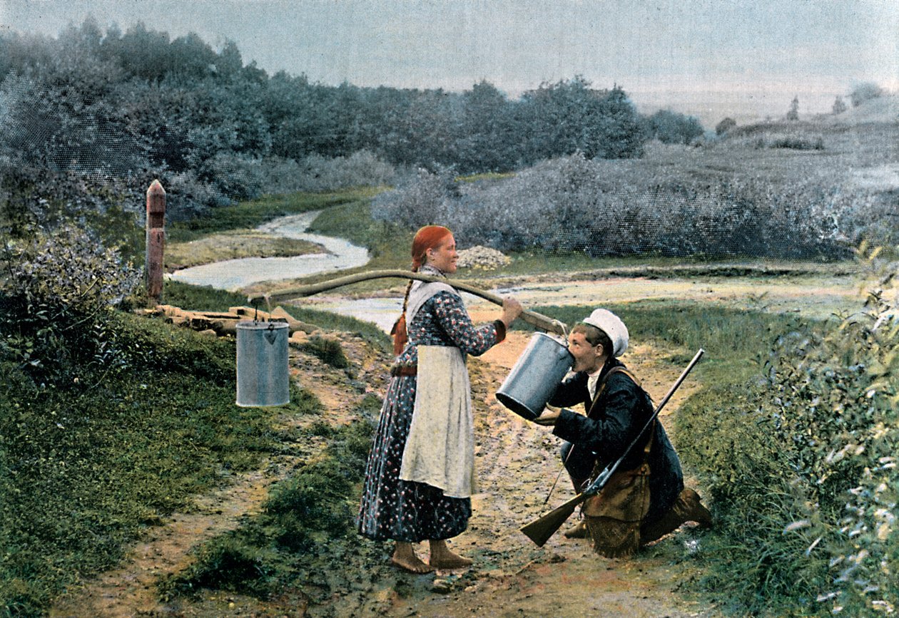 En jägare tar en drink från en ung kvinna, Ryssland, ca 1890 av Gillot