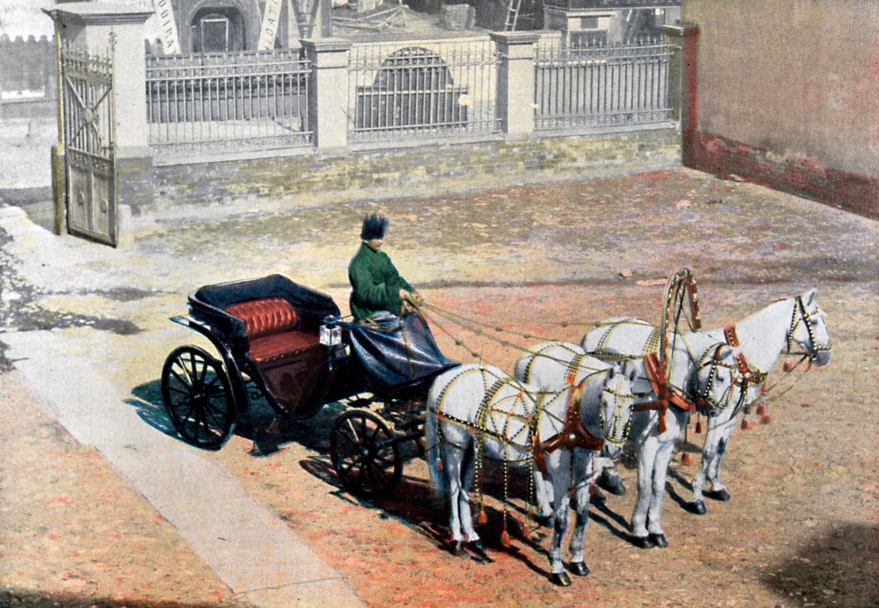 En trojka med tre hästar på sommaren, Ryssland, c1890 av Gillot