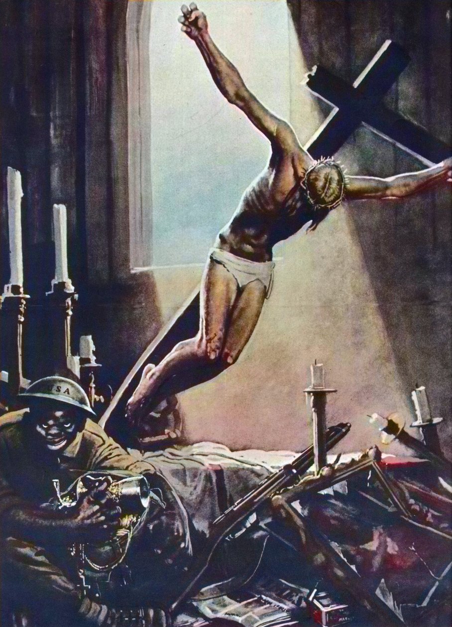 Antiamerikansk WWII-affisch - Black American Pillaging Church - Affisch av Gino Boccasile (1901-1952) - Italian Propaganda Anti USA 1943 - Affisch av Gino Boccasile (1901-1952) av Gino Boccasile