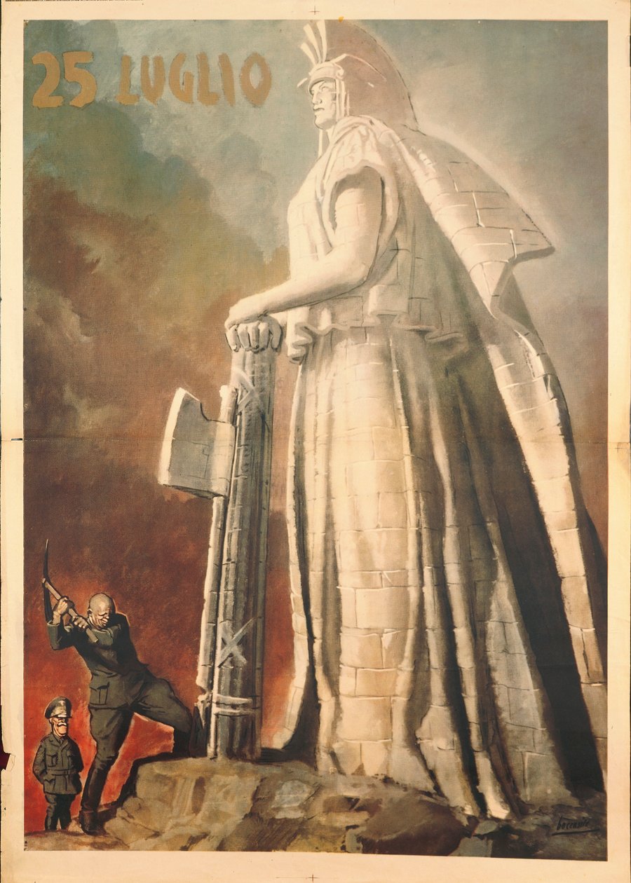 Andra världskriget - 25 juli, Pietro Badoglio bryter symboliskt ner fascismen med hjälp av kung Vittorio Emanuele III av Gino Boccasile