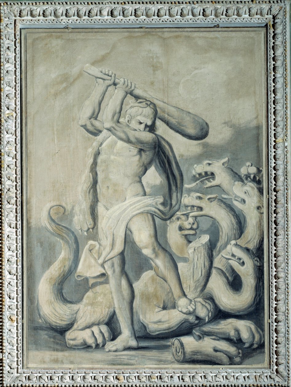 Hercules skär av de sju huvudena på Hydra (målning av Gio Batta Celle