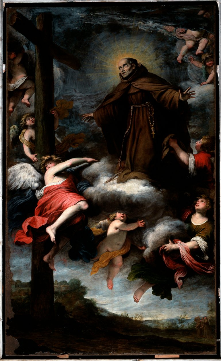 Representation av Saint Louis av Anjou som dyrkar korset (olja på duk av Gio Bernardo Carbone