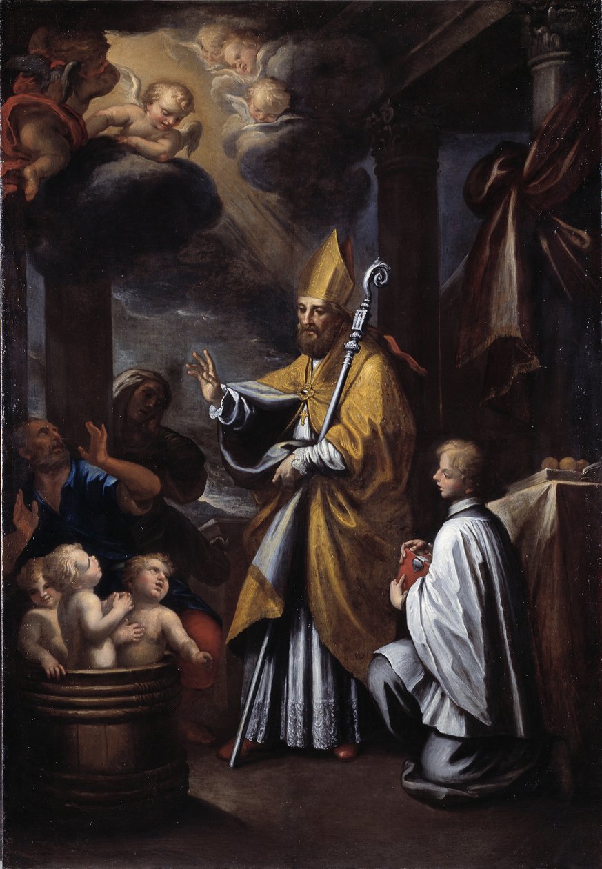 St Nicholas återuppväcker tre barn (olja på duk av Gio Raffaele Badaracco