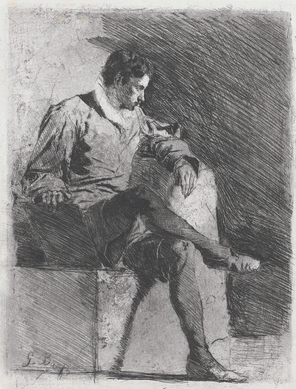 Sittande man i sextonde-talets dräkt, ca. 1878. av Gioacchino Banfi