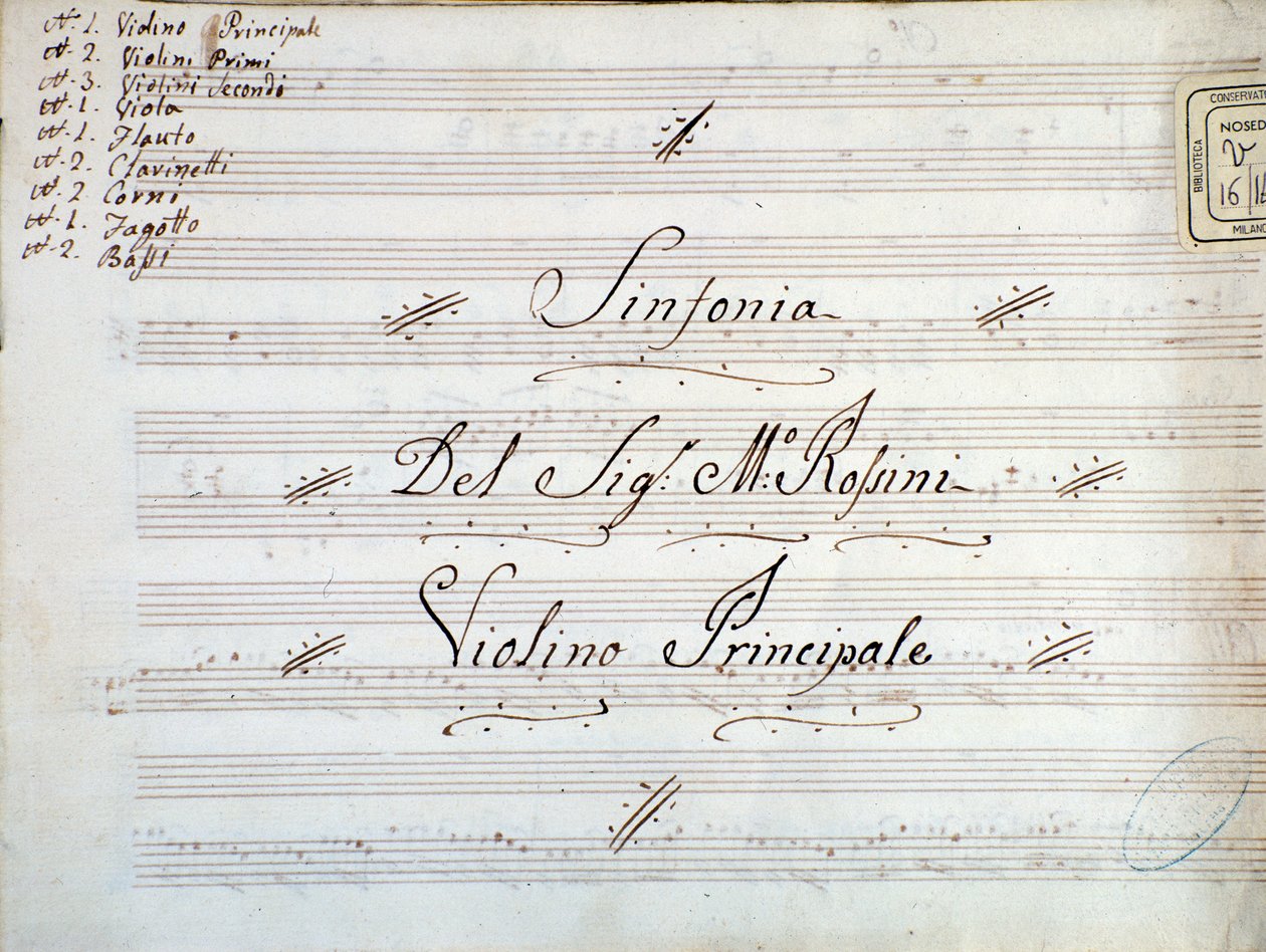 Detalj av första sidan av violinmusiken för en symfoni av Gioacchino Rossini av Gioachino Rossini