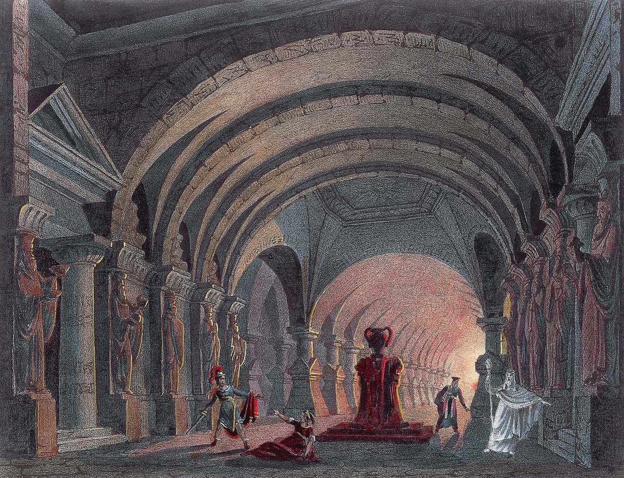 Scenografi för akt IV i Semiramide av Gioacchino Rossini (1792-1868), gravyr av Gioachino Rossini