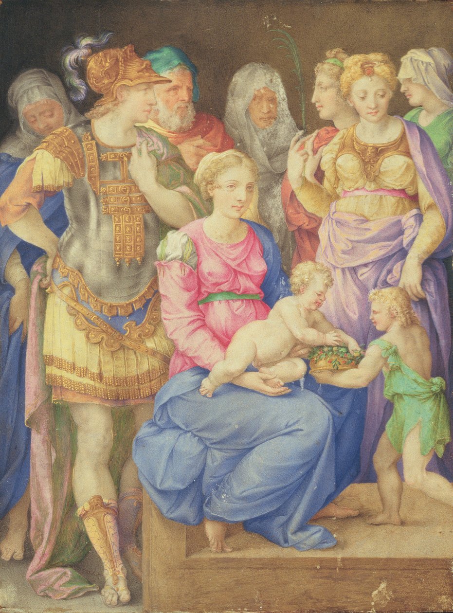 Jungfrun och barnet, Johannes Döparen och sju individer, ca 1553 av Giorgio Giulio Clovio