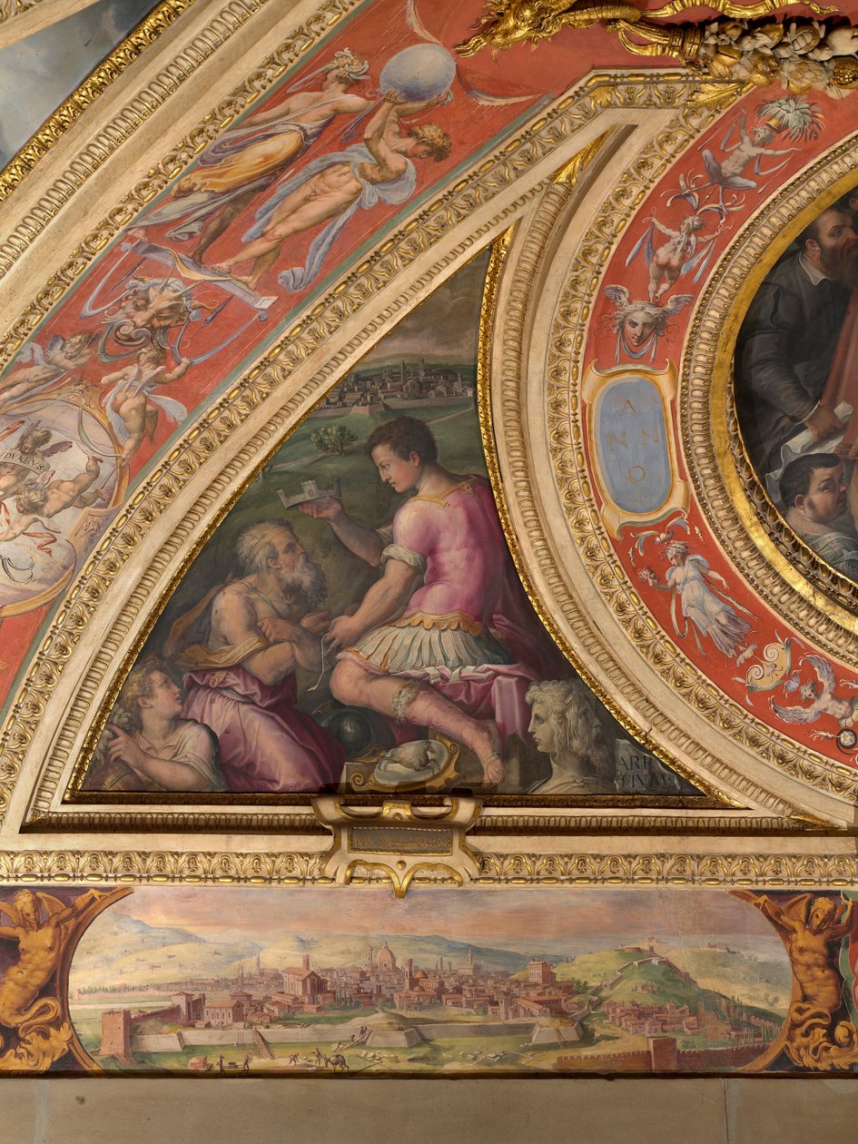 Allegory of Arezzo; to the bottom, view of Florence  av Giorgio Vasari