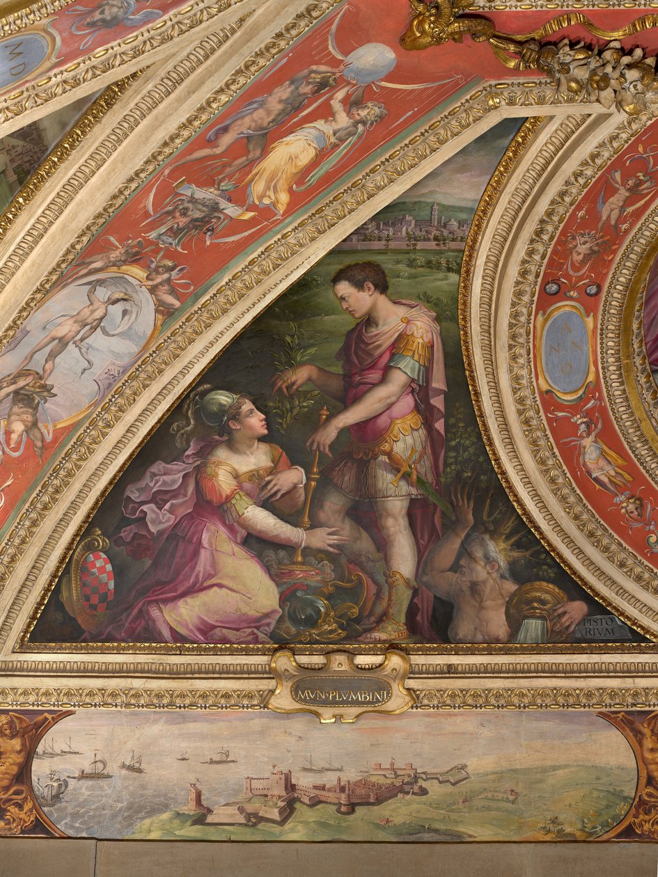 Allegory of Pistoia; to the bottom, view of Piombino  av Giorgio Vasari