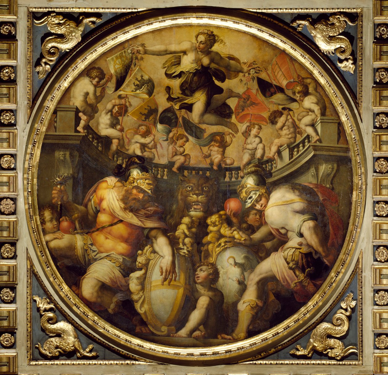 Allegori över stadsdelarna Santa Croce och Santo Spirito från taket i Salone dei Cinquecento, 1565 (panel) av Giorgio Vasari